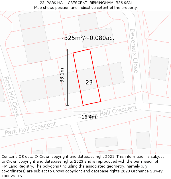 23, PARK HALL CRESCENT, BIRMINGHAM, B36 9SN: Plot and title map