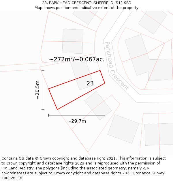 23, PARK HEAD CRESCENT, SHEFFIELD, S11 9RD: Plot and title map