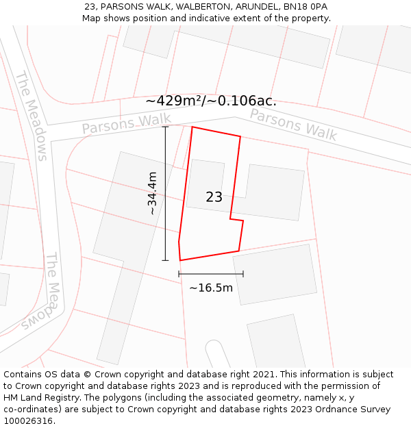 23, PARSONS WALK, WALBERTON, ARUNDEL, BN18 0PA: Plot and title map