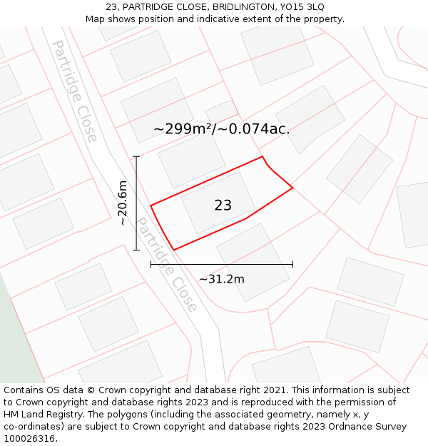 23, PARTRIDGE CLOSE, BRIDLINGTON, YO15 3LQ: Plot and title map