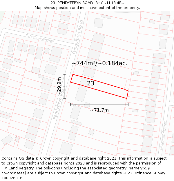 23, PENDYFFRYN ROAD, RHYL, LL18 4RU: Plot and title map