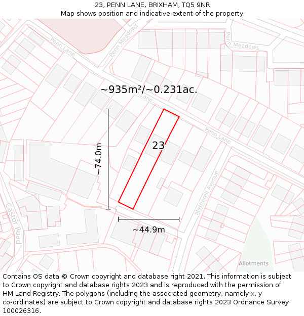 23, PENN LANE, BRIXHAM, TQ5 9NR: Plot and title map