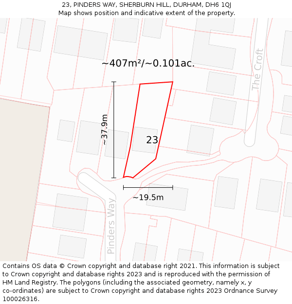 23, PINDERS WAY, SHERBURN HILL, DURHAM, DH6 1QJ: Plot and title map