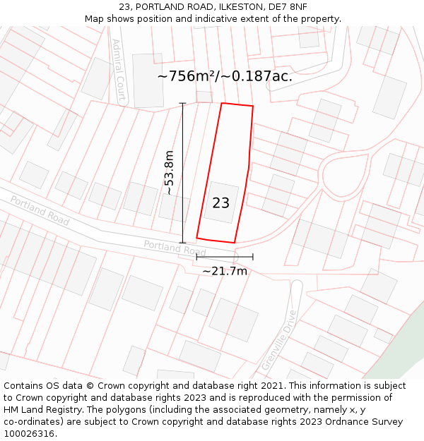 23, PORTLAND ROAD, ILKESTON, DE7 8NF: Plot and title map