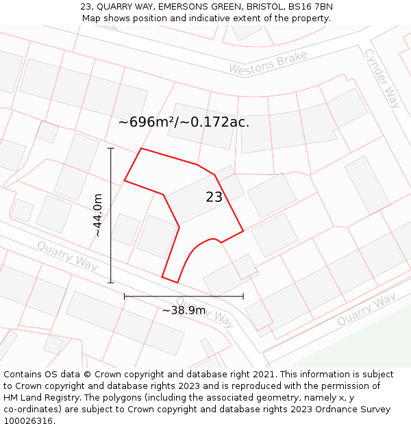 23, QUARRY WAY, EMERSONS GREEN, BRISTOL, BS16 7BN: Plot and title map