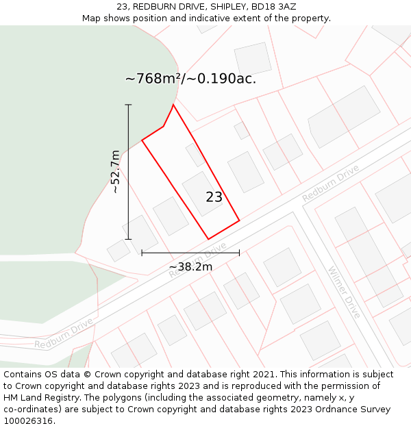 23, REDBURN DRIVE, SHIPLEY, BD18 3AZ: Plot and title map