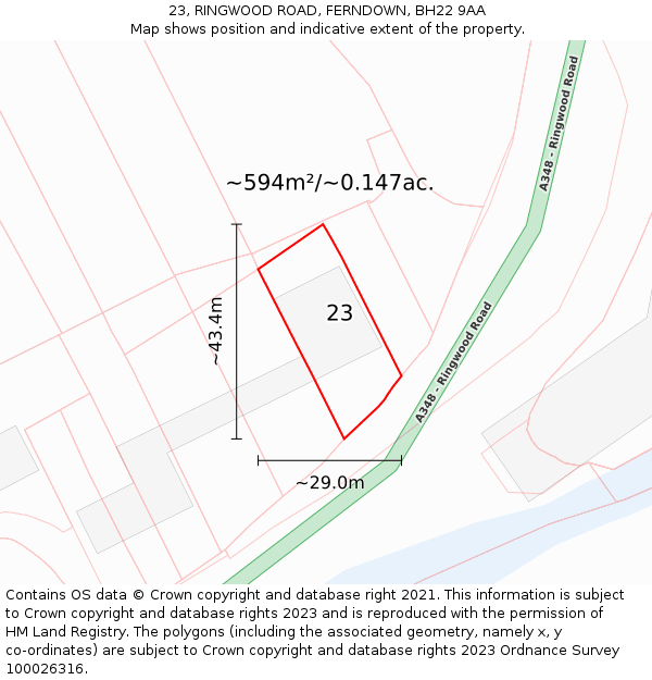 23, RINGWOOD ROAD, FERNDOWN, BH22 9AA: Plot and title map