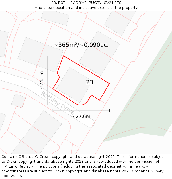 23, ROTHLEY DRIVE, RUGBY, CV21 1TS: Plot and title map