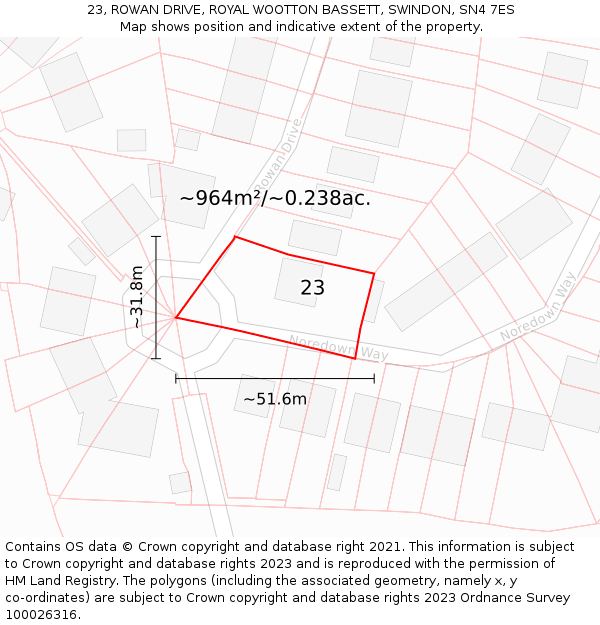 23, ROWAN DRIVE, ROYAL WOOTTON BASSETT, SWINDON, SN4 7ES: Plot and title map