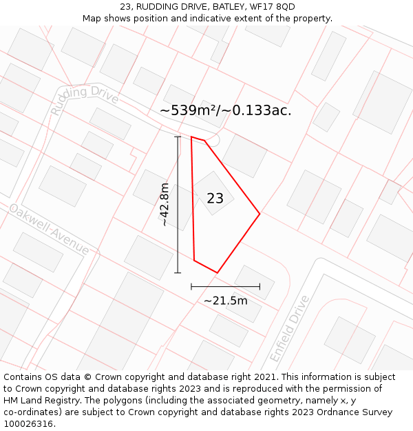 23, RUDDING DRIVE, BATLEY, WF17 8QD: Plot and title map