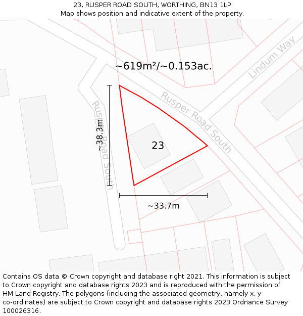 23, RUSPER ROAD SOUTH, WORTHING, BN13 1LP: Plot and title map