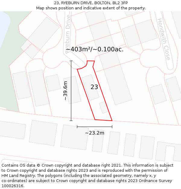 23, RYEBURN DRIVE, BOLTON, BL2 3FP: Plot and title map