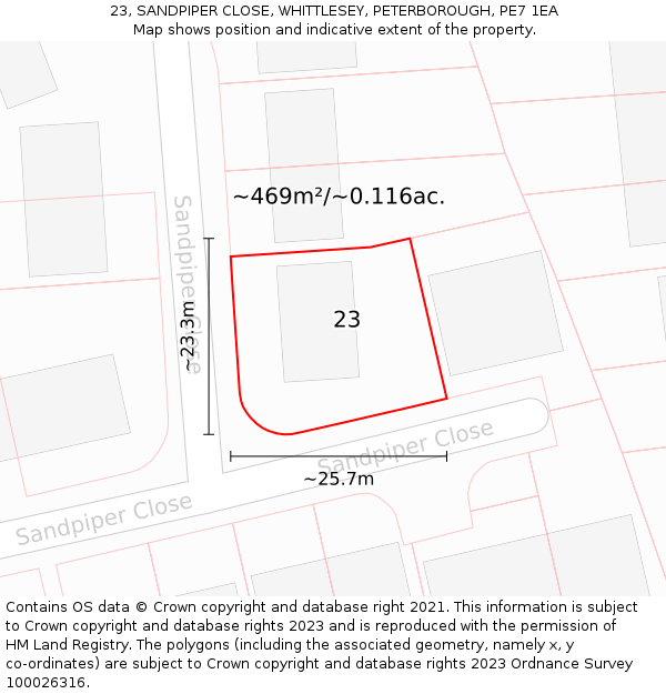 23, SANDPIPER CLOSE, WHITTLESEY, PETERBOROUGH, PE7 1EA: Plot and title map