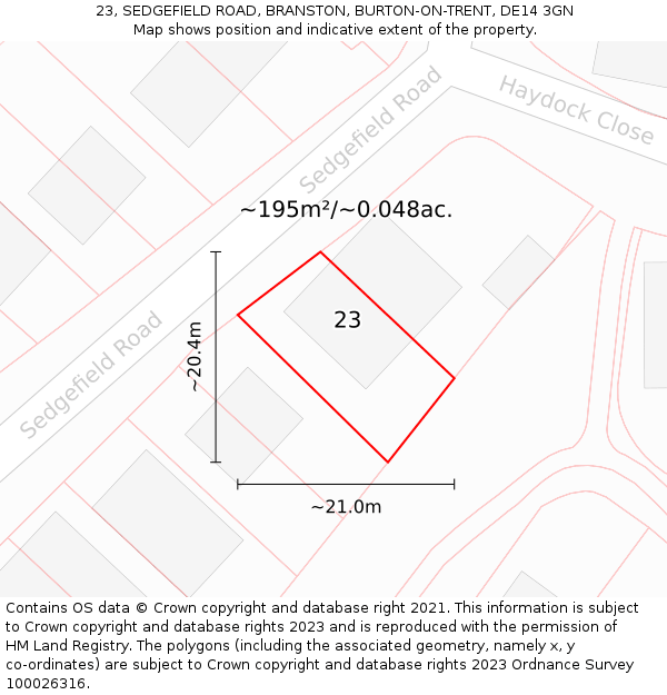 23, SEDGEFIELD ROAD, BRANSTON, BURTON-ON-TRENT, DE14 3GN: Plot and title map