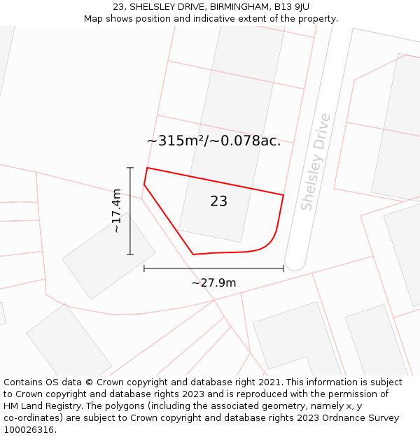 23, SHELSLEY DRIVE, BIRMINGHAM, B13 9JU: Plot and title map