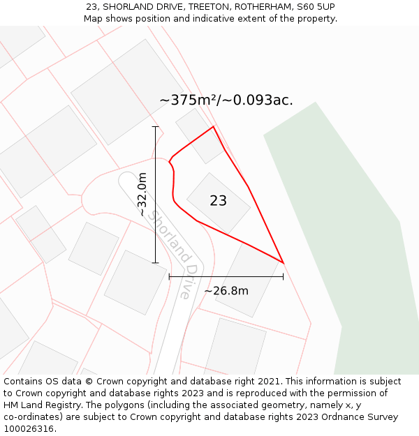 23, SHORLAND DRIVE, TREETON, ROTHERHAM, S60 5UP: Plot and title map