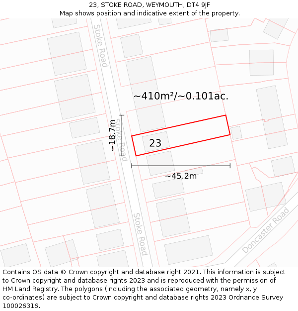 23, STOKE ROAD, WEYMOUTH, DT4 9JF: Plot and title map