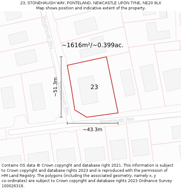 23, STONEHAUGH WAY, PONTELAND, NEWCASTLE UPON TYNE, NE20 9LX: Plot and title map