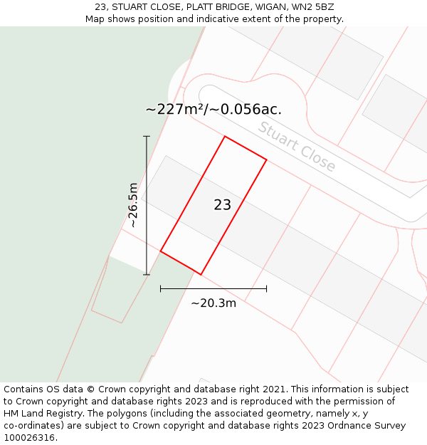 23, STUART CLOSE, PLATT BRIDGE, WIGAN, WN2 5BZ: Plot and title map