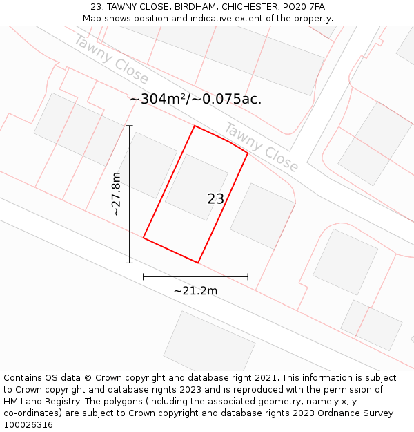 23, TAWNY CLOSE, BIRDHAM, CHICHESTER, PO20 7FA: Plot and title map