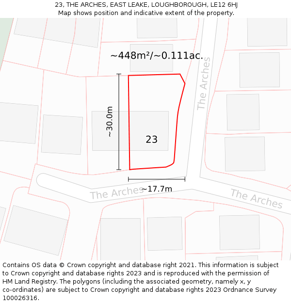 23, THE ARCHES, EAST LEAKE, LOUGHBOROUGH, LE12 6HJ: Plot and title map