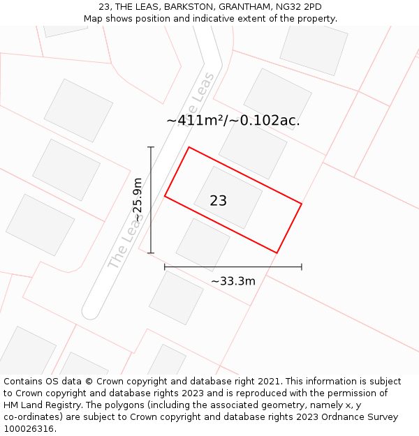 23, THE LEAS, BARKSTON, GRANTHAM, NG32 2PD: Plot and title map