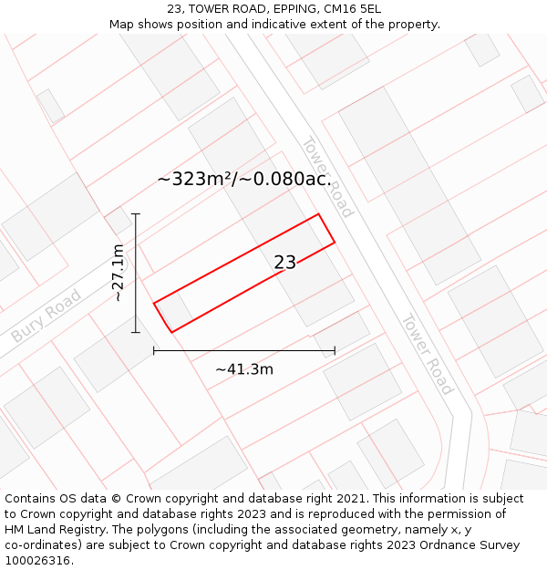 23, TOWER ROAD, EPPING, CM16 5EL: Plot and title map