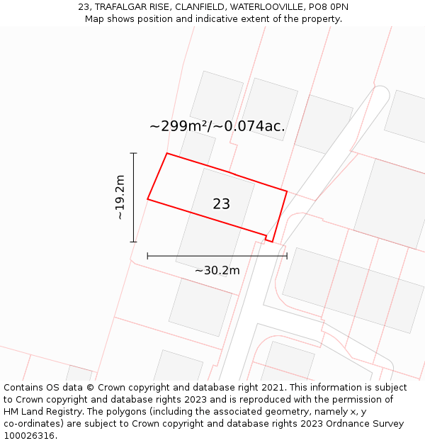 23, TRAFALGAR RISE, CLANFIELD, WATERLOOVILLE, PO8 0PN: Plot and title map