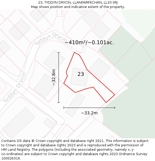 23, TYDDYN DRYCIN, LLANFAIRFECHAN, LL33 0RJ: Plot and title map