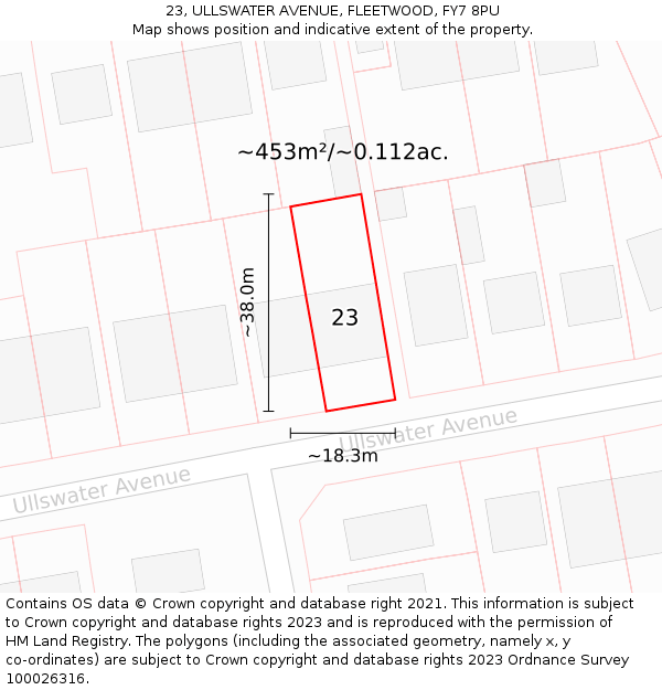 23, ULLSWATER AVENUE, FLEETWOOD, FY7 8PU: Plot and title map