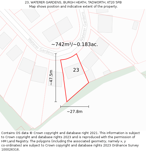 23, WATERER GARDENS, BURGH HEATH, TADWORTH, KT20 5PB: Plot and title map