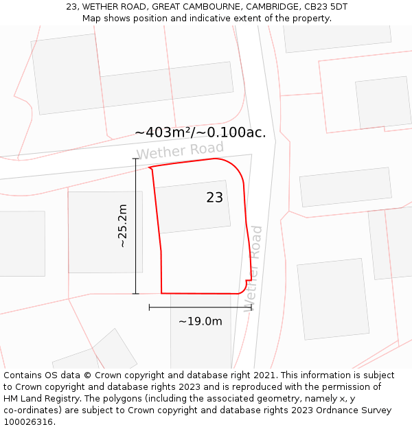 23, WETHER ROAD, GREAT CAMBOURNE, CAMBRIDGE, CB23 5DT: Plot and title map