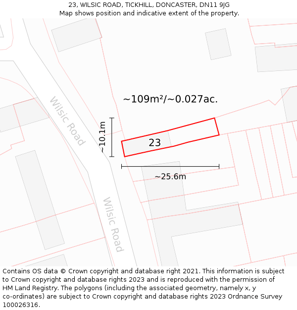 23, WILSIC ROAD, TICKHILL, DONCASTER, DN11 9JG: Plot and title map