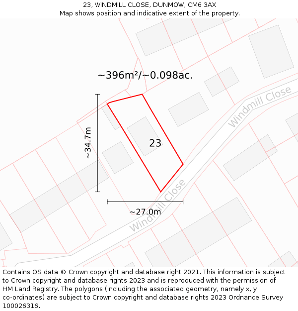 23, WINDMILL CLOSE, DUNMOW, CM6 3AX: Plot and title map