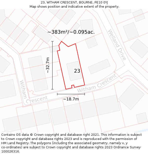 23, WITHAM CRESCENT, BOURNE, PE10 0YJ: Plot and title map