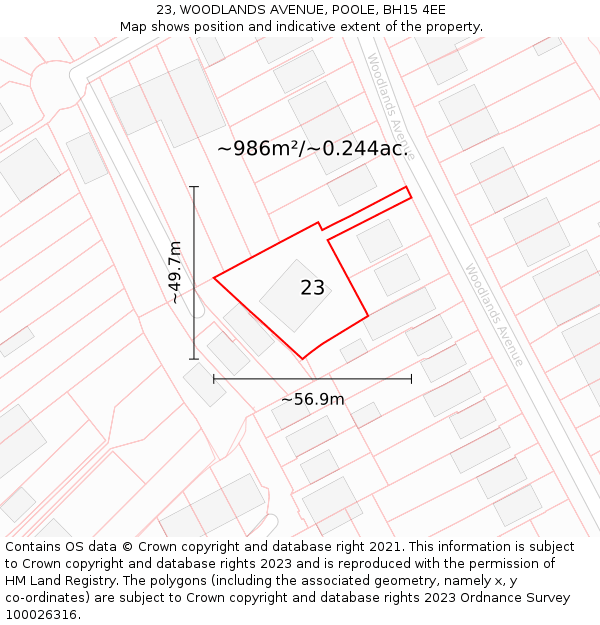 23, WOODLANDS AVENUE, POOLE, BH15 4EE: Plot and title map