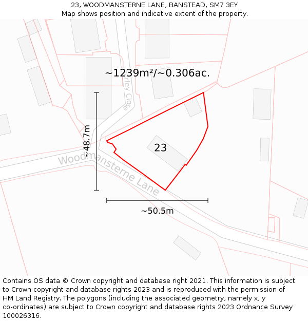 23, WOODMANSTERNE LANE, BANSTEAD, SM7 3EY: Plot and title map