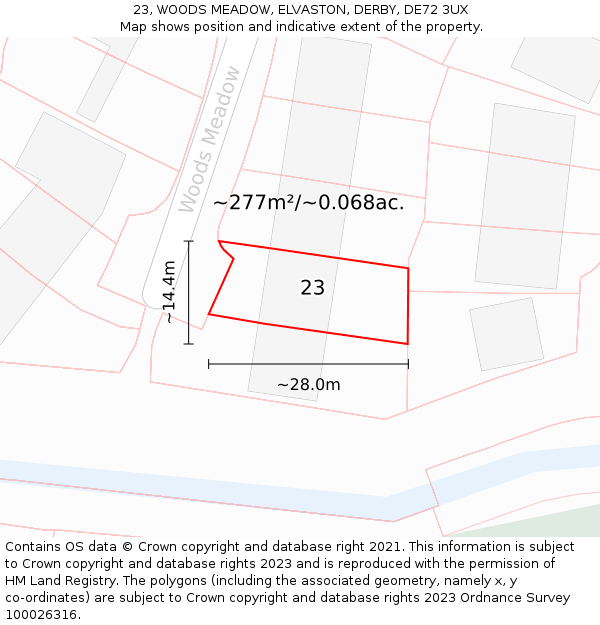 23, WOODS MEADOW, ELVASTON, DERBY, DE72 3UX: Plot and title map