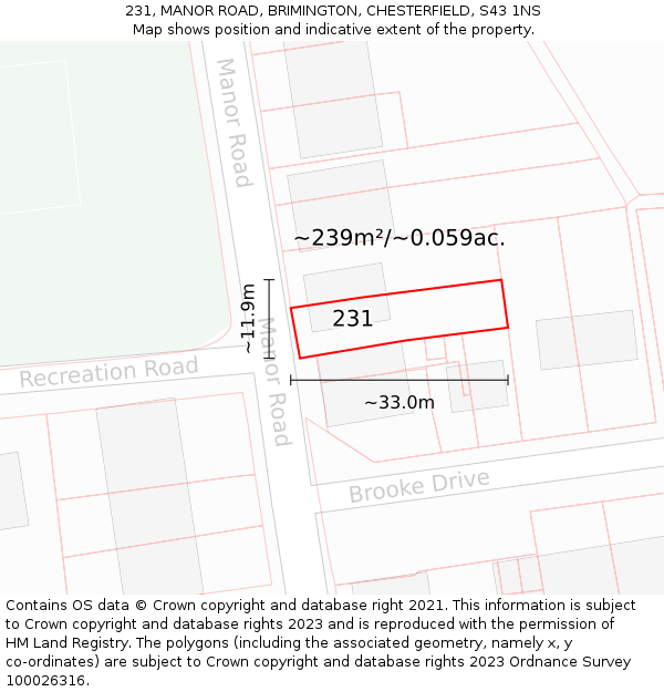 231, MANOR ROAD, BRIMINGTON, CHESTERFIELD, S43 1NS: Plot and title map