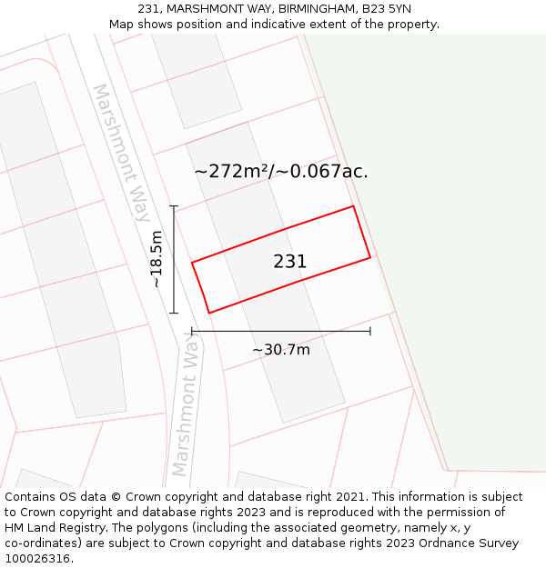 231, MARSHMONT WAY, BIRMINGHAM, B23 5YN: Plot and title map