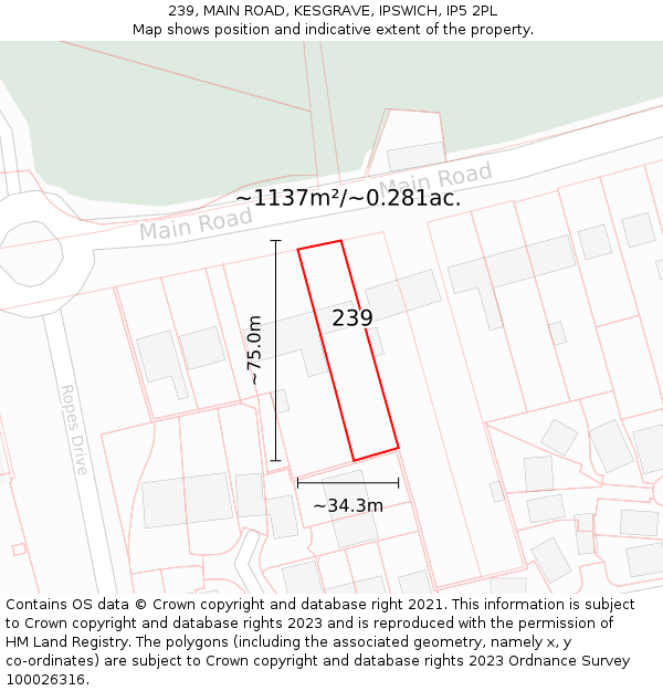 239, MAIN ROAD, KESGRAVE, IPSWICH, IP5 2PL: Plot and title map