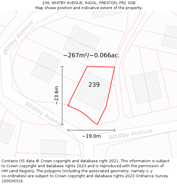 239, WHITBY AVENUE, INGOL, PRESTON, PR2 3GB: Plot and title map