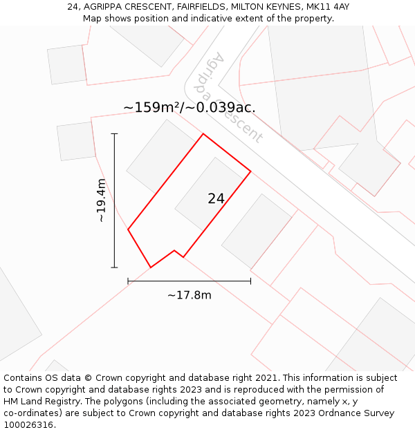 24, AGRIPPA CRESCENT, FAIRFIELDS, MILTON KEYNES, MK11 4AY: Plot and title map