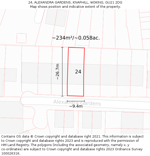 24, ALEXANDRA GARDENS, KNAPHILL, WOKING, GU21 2DG: Plot and title map