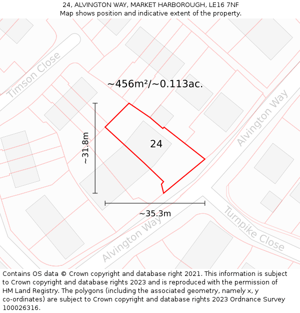 24, ALVINGTON WAY, MARKET HARBOROUGH, LE16 7NF: Plot and title map