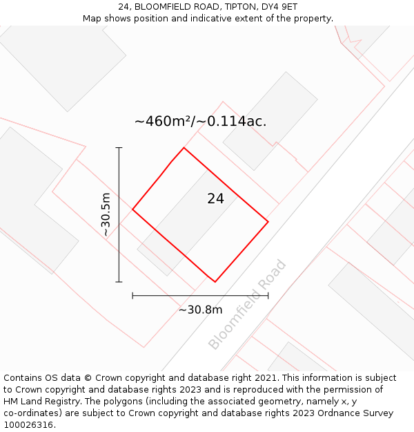 24, BLOOMFIELD ROAD, TIPTON, DY4 9ET: Plot and title map