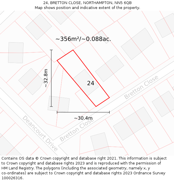 24, BRETTON CLOSE, NORTHAMPTON, NN5 6QB: Plot and title map