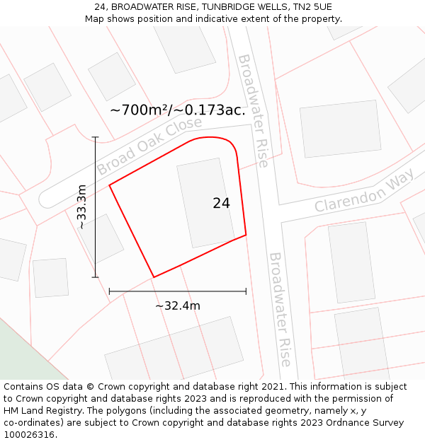 24, BROADWATER RISE, TUNBRIDGE WELLS, TN2 5UE: Plot and title map