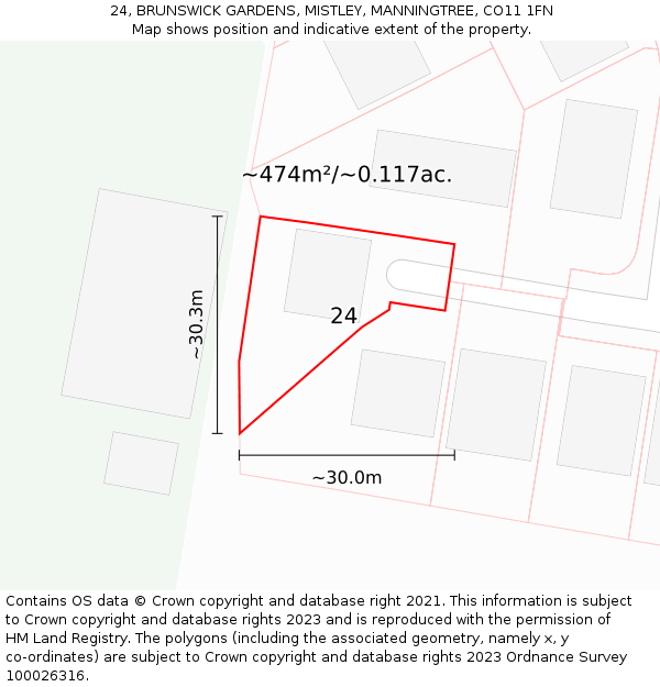 24, BRUNSWICK GARDENS, MISTLEY, MANNINGTREE, CO11 1FN: Plot and title map