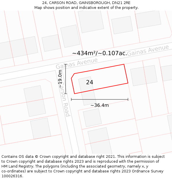 24, CARSON ROAD, GAINSBOROUGH, DN21 2RE: Plot and title map